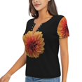thumbnail image 1 of Goofa Orange Dalia Pattern Womens Deep V Neck Low Cut Tops Casual Summer Short Sleeve Ribbed Knit T-Shirts-Small, 1 of 5