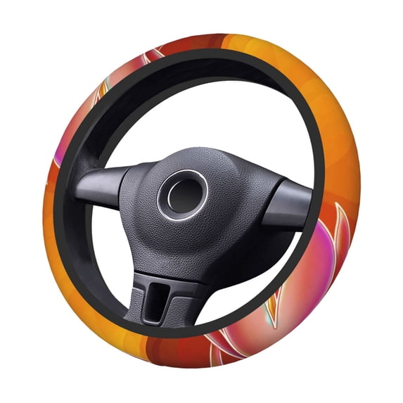 Goofa Orange Flower Psychedelic Pattern Elastic Stretch Steering Wheel Cover,Universal 15 inch, Microfiber Breathable Ice Silk, Anti-Slip, Odorless, Easy Carry