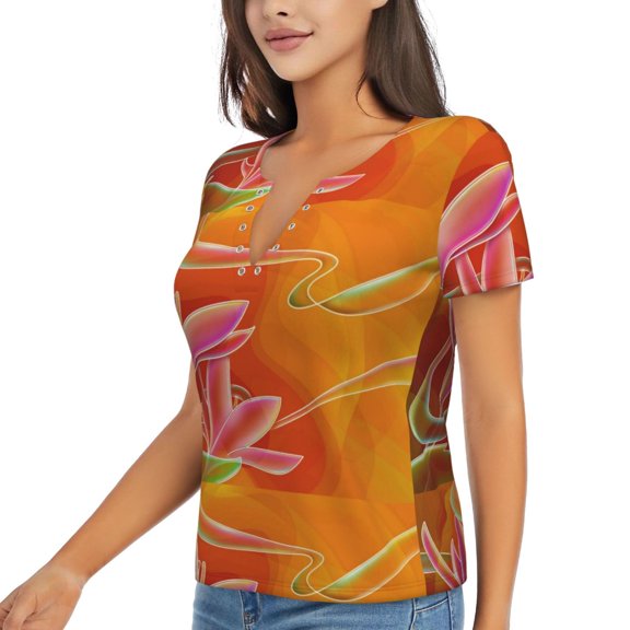 Goofa Orange Flower Psychedelic Pattern Womens Deep V Neck Low Cut Tops Casual Summer Short Sleeve Ribbed Knit T-Shirts-XX-Large