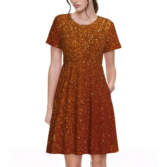 Goofa Orange Glitter Pattern Women Summer Short Sleeve Midi Dress with Pockets Casual Aline Flowy Tshirt Dress Vocation Beach Sundress