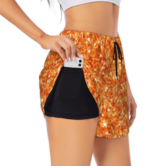 Goofa Orange Glitter Printed Women 2 in 1 Running Shorts,Quick Dry Athletic Workout Shorts,High Waisted Athletic Shorts with Liner Pockets-
