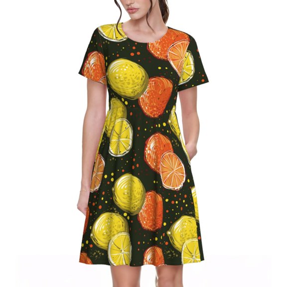 Goofa Orange Lemon Pattern Women Summer Short Sleeve Midi Dress with Pockets Casual Aline Flowy Tshirt Dress Vocation Beach Sundress
