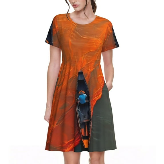 Goofa Orange Net Fishing Boat Pattern Women Summer Short Sleeve Midi Dress with Pockets Casual Aline Flowy Tshirt Dress Vocation Beach Sundress
