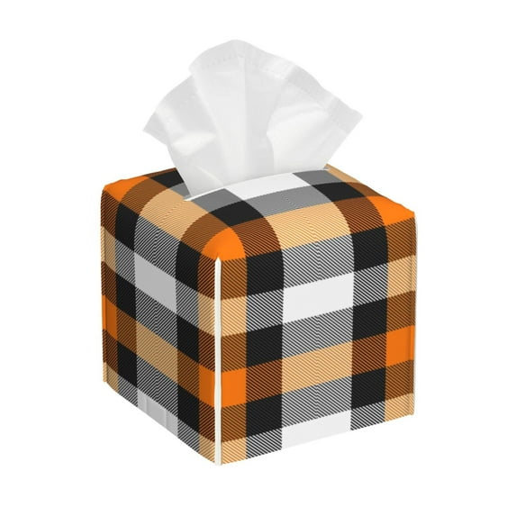 Goofa Orange Plaid Tissue Box Cover PVC Leather Tissue Holder Square Facial Tissue Case Facial Paper Organizer Dispenser for Bathroom, Vanity Countertop