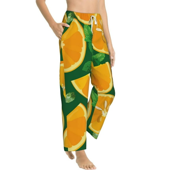 Goofa Orange Printed Soft Pajama Pants for Women, Wide Leg Comfy Casual Lounge Yoga Pants-Small