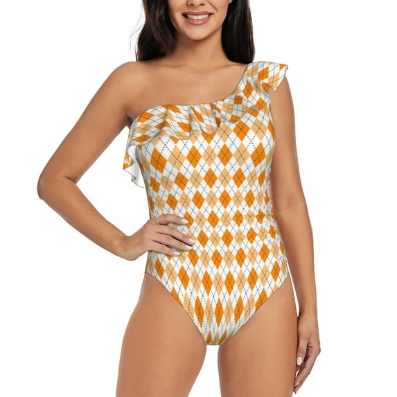 Goofa Orange argyle Pattern Women's One Piece Swimsuits Tummy Control Bathing Suits Asymmetric One Shoulder Swimwear-Medium