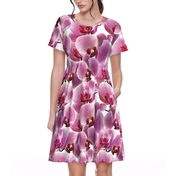Goofa Orchids Flowers Pattern Women Summer Short Sleeve Midi Dress with Pockets Casual Aline Flowy Tshirt Dress Vocation Beach Sundress