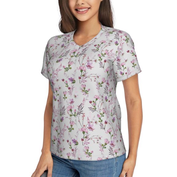 Goofa Orchids Flowers Pattern Women's Slim-Fit Short-Sleeve V-Neck T-Shirt,Classic-Fit Short-Sleeve V-Neck T-Shirt-Large