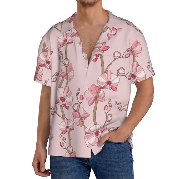 Goofa Orchids Flowers Printed Men's Casual Short-sleeved Shirt,Lightweight Breathable Button-down,Summer Casual men's top,Versatile Fashion shirt-X-Large
