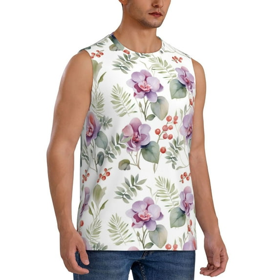 Goofa Orchids Flowers Printed Men's Sleeveless T-Shirt - Athletic Gym Workout Tank Top for Men - Moisture-Wicking, UPF 30+ Quick-Dry Muscle Tee-Medium