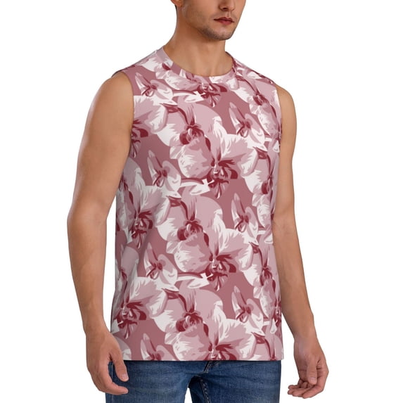 Goofa Orchids Flowers Printed Men's Sleeveless T-Shirt - Athletic Gym Workout Tank Top for Men - Moisture-Wicking, UPF 30+ Quick-Dry Muscle Tee-X-Large