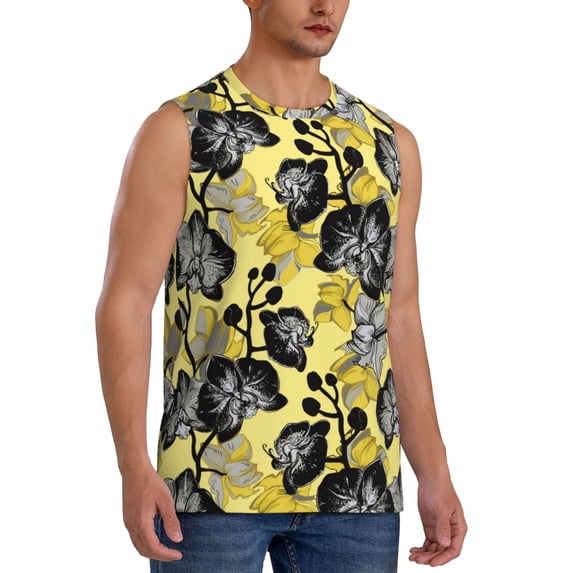 Goofa Orchids Flowers Printed Men's Sleeveless T-Shirt - Athletic Gym Workout Tank Top for Men - Moisture-Wicking, UPF 30+ Quick-Dry Muscle Tee-