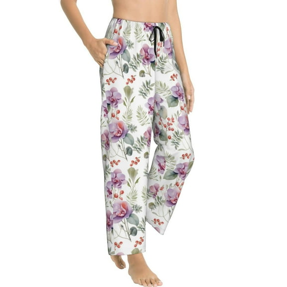 Goofa Orchids Flowers Printed Soft Pajama Pants for Women, Wide Leg Comfy Casual Lounge Yoga Pants-