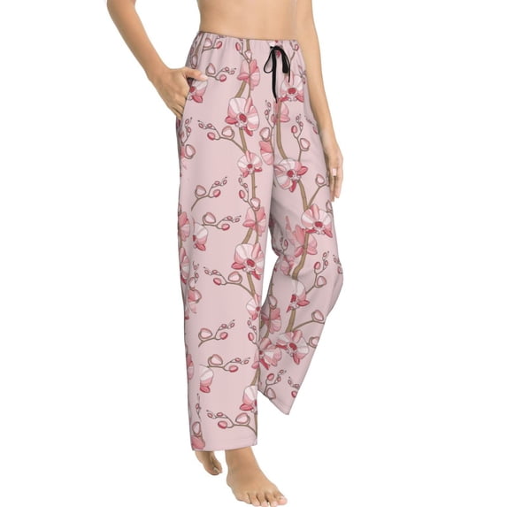 Goofa Orchids Flowers Printed Soft Pajama Pants for Women, Wide Leg Comfy Casual Lounge Yoga Pants-