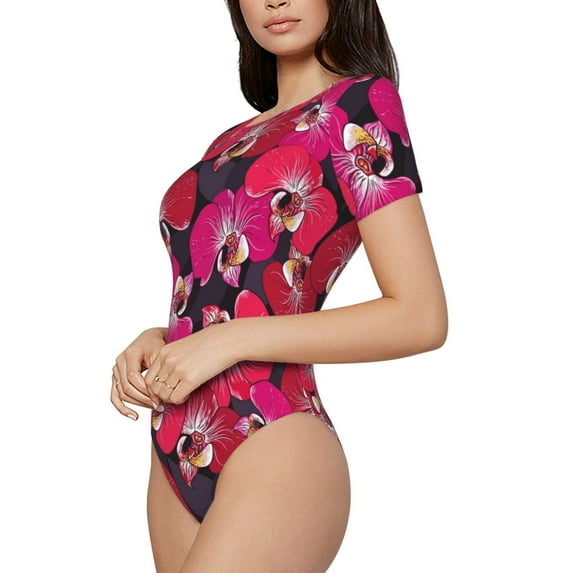 Goofa Orchids Flowers Printed Women Rash Guard Short Sleeve,Tummy control Swimsuit Surfing Swimsuit Bathing Suit One Piece Swimsuit UPF 50-Large