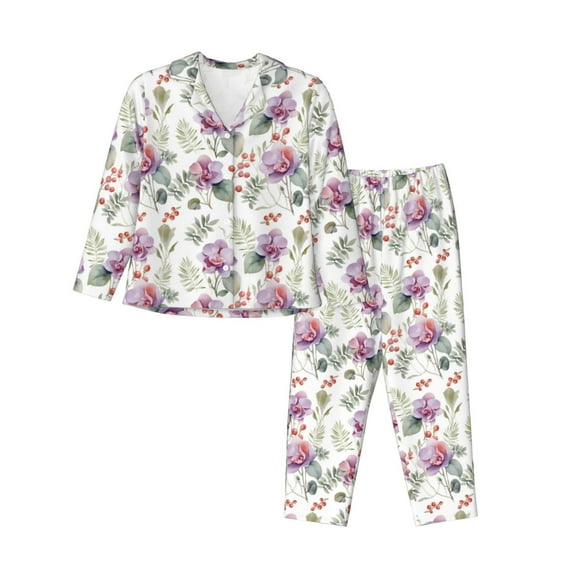 Goofa Orchids Flowers Printed Women’s 2 Piece Pajama Set Super,Pajamas Women's Long Sleeve Sleepwear Soft Button Down Loungewear Pjs Lounge Set Nightwear-Medium
