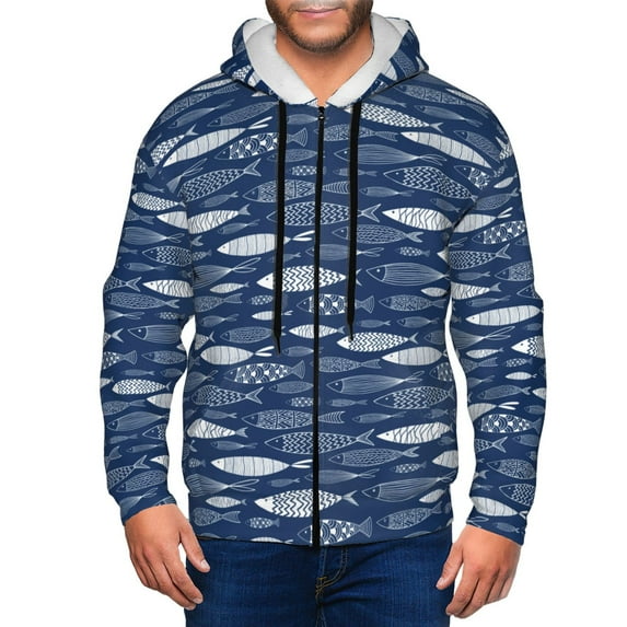 Goofa Ornamental Fish Pattern Mens Full-zip Hoodie, Zip-up Pullover Hooded Sweatshirt, Kangaroo Pocket Hoodie Ideal for Daily Wear, Travel, and Home-Medium