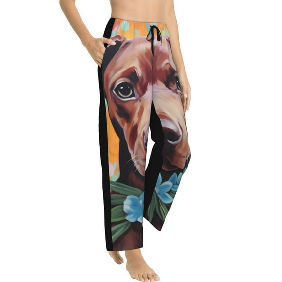 Goofa Painted Flower Puppy Printed Soft Pajama Pants for Women, Wide Leg Comfy Casual Lounge Yoga Pants-Medium