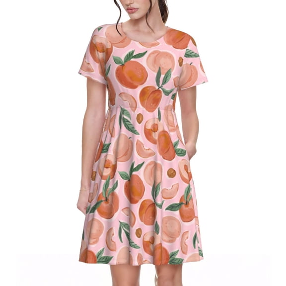 Goofa Painting Peach Pattern Women Summer Short Sleeve Midi Dress with Pockets Casual Aline Flowy Tshirt Dress Vocation Beach Sundress