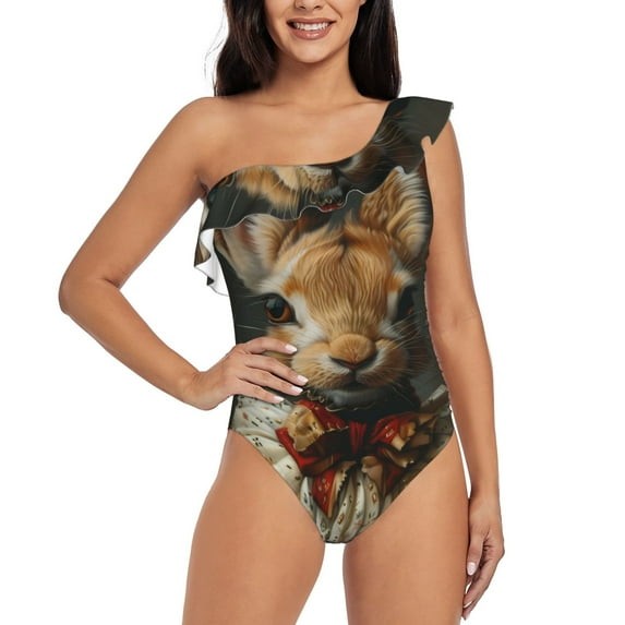 Goofa Palatial Style Flower Rabbit Pattern Women's One Piece Swimsuits Tummy Control Bathing Suits Asymmetric One Shoulder Swimwear-Large