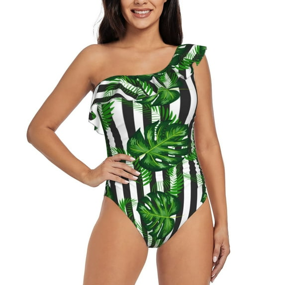 Goofa Palm Greenery Pattern Women's One Piece Swimsuits Tummy Control Bathing Suits Asymmetric One Shoulder Swimwear-Large