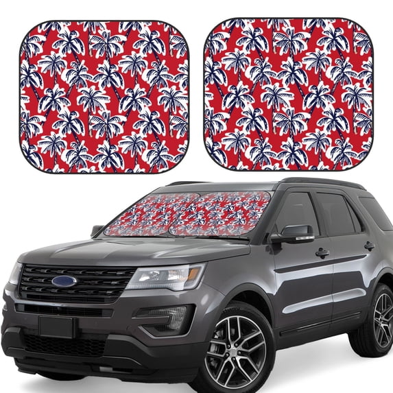 Goofa Palm Tree Pattern on Red Pattern 2 Piece Car Windshield Sun Shade Foldable | Front Windshield Shade for Sun, Heat and UV Rays | Sunshade for Car Front Window-Large