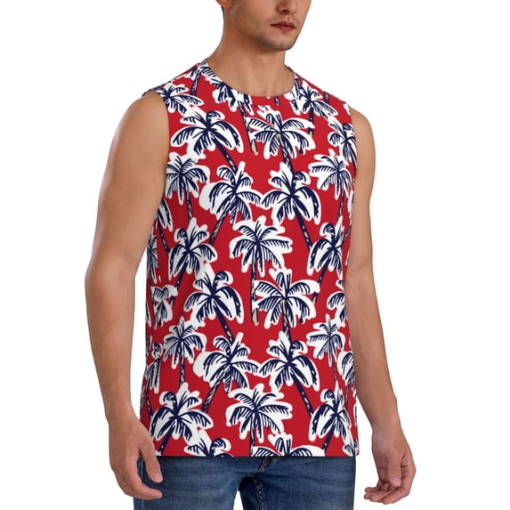 Goofa Palm Tree Pattern on Red Printed Men's Sleeveless T-Shirt - Athletic Gym Workout Tank Top for Men - Moisture-Wicking, UPF 30+ Quick-Dry Muscle Tee-