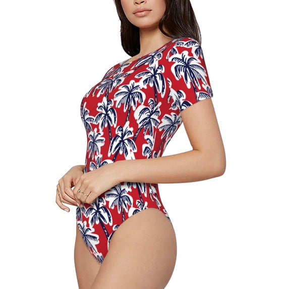 Goofa Palm Tree Pattern on Red Printed Women Rash Guard Short Sleeve,Tummy control Swimsuit Surfing Swimsuit Bathing Suit One Piece Swimsuit UPF 50-Small