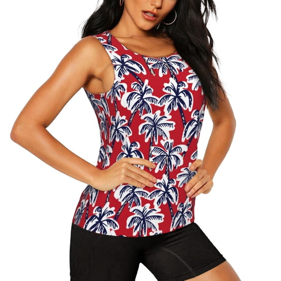 Goofa Palm Tree Pattern on Red Printed Womens Workout Tops for Women Sleeveless Yoga Shirts Athletic Running Tank Tops Sleeveless Gym Clothes Workout Apparel-