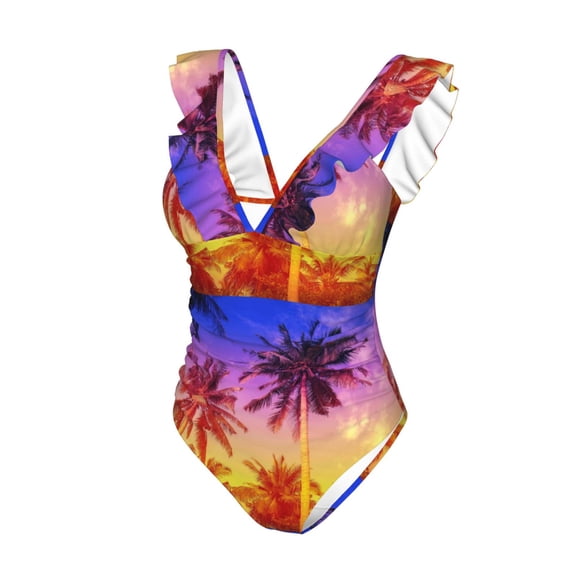 Goofa Palm Trees at Sunset Print Women's Ruffled One Piece Swimsuit V Neck