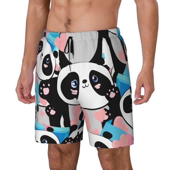 Goofa Panda Cute Pink Hearts Printed Men's Swim Trunks Board Shorts Quick Dry Mens Swimming Trunks with Compression Liner,Breathable Fit Hawaii Beach Shorts-X-Large
