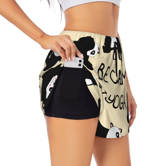 Goofa Panda Doing Yoga Printed Women 2 in 1 Running Shorts,Quick Dry Athletic Workout Shorts,High Waisted Athletic Shorts with Liner Pockets-Large