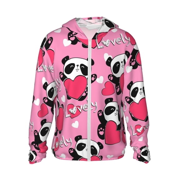 Goofa Panda Heart Valentine Pink Printed Women's UPF 50+ Sun Protection Hoodie Jacket Lightweight Long Sleeve Sun Shirt for Women with Pocket Hiking Outdoor-