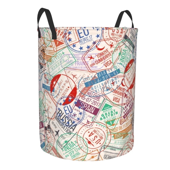 Goofa Passport Stamp Printed Circular Hamper,Laundry Basket with Handles,Storage Baskets Foldable,Large Capacity Laundry Hamper-Small