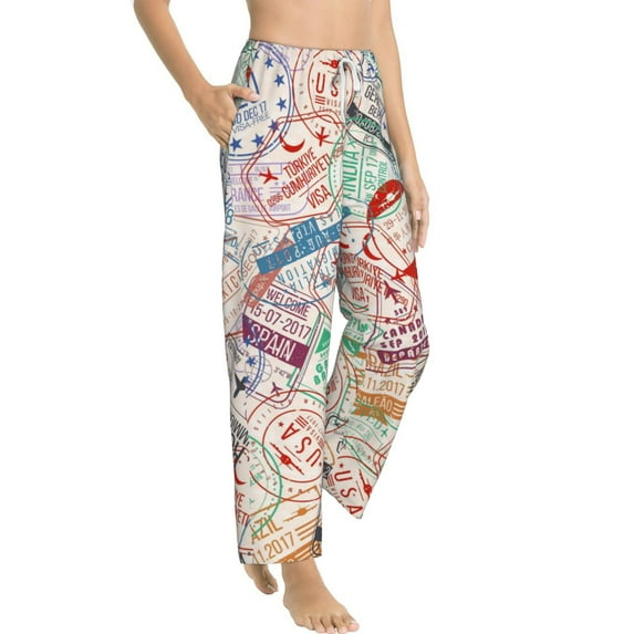 Goofa Passport Stamp Printed Soft Pajama Pants for Women, Wide Leg Comfy Casual Lounge Yoga Pants-X-Large