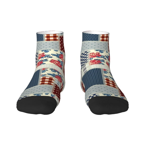 Goofa Patchwork In Country Style Pattern Non Slip Socks with Grips for Elderly, Crew Socks Yoga Hospital Socks Cushioned Sole Gripper Socks for Men Women