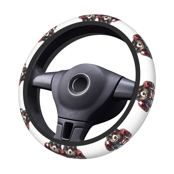 Goofa Patriotic Boxing Bear Art Pattern Elastic Stretch Steering Wheel Cover,Universal 15 inch, Microfiber Breathable Ice Silk, Anti-Slip, Odorless, Easy Carry