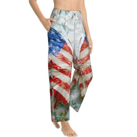 Goofa Patriotic Butterfly Floral Printed Soft Pajama Pants for Women, Wide Leg Comfy Casual Lounge Yoga Pants-XX-Large