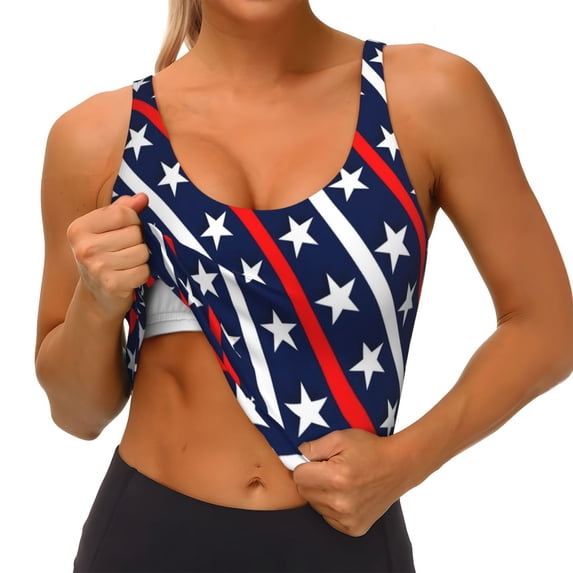 Goofa Patriotic Star Printed Sports Bras for Women, High Impact Running Bra Workout Crop Tank Tops Longline Sports Bra Push up-XX-Large