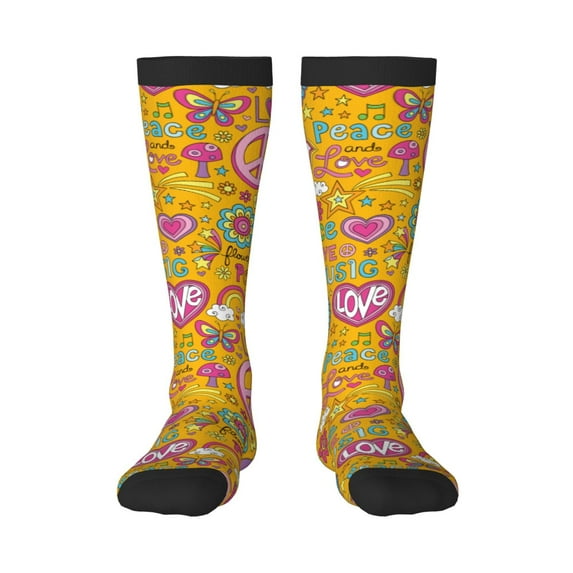 Goofa Peace Love and Dove Flower Power Pattern Adult Stockings, Color-Block Knee High Socks, Comfortable and Breathable, Soft and Stretchable, Sports, and Decoration