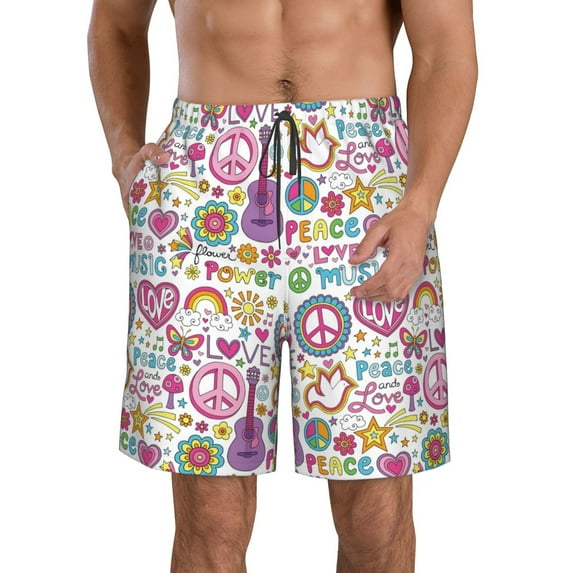 Goofa Peace Love and Dove Flower Power Printed Mens Swim Trunks Summer Quick Dry Short Beach Swimwear Bathing Suits-Large