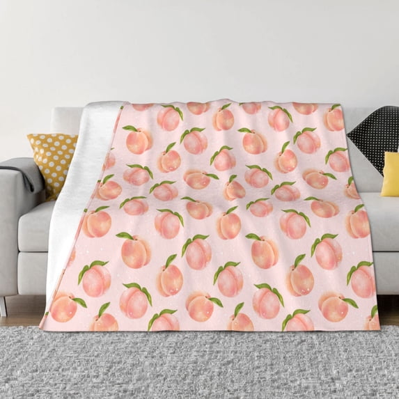 Goofa Peach With Leaves Pattern Fleece Throw Blanket for Couch, Soft Checkered Flannel Blanket for Sofa, Warm Cozy Decorative Blanket Fall Decor Gift-40"x30"