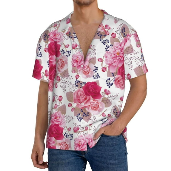 Goofa Peonies And Roses Printed Men's Casual Short-sleeved Shirt,Lightweight Breathable Button-down,Summer Casual men's top,Versatile Fashion shirt-Large