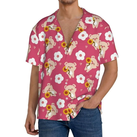 Goofa Piggy Sunflower Printed Men's Casual Short-sleeved Shirt,Lightweight Breathable Button-down,Summer Casual men's top,Versatile Fashion shirt-X-Large