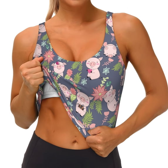 Goofa Pigs 1 Printed Sports Bras for Women, High Impact Running Bra Workout Crop Tank Tops Longline Sports Bra Push up-Large