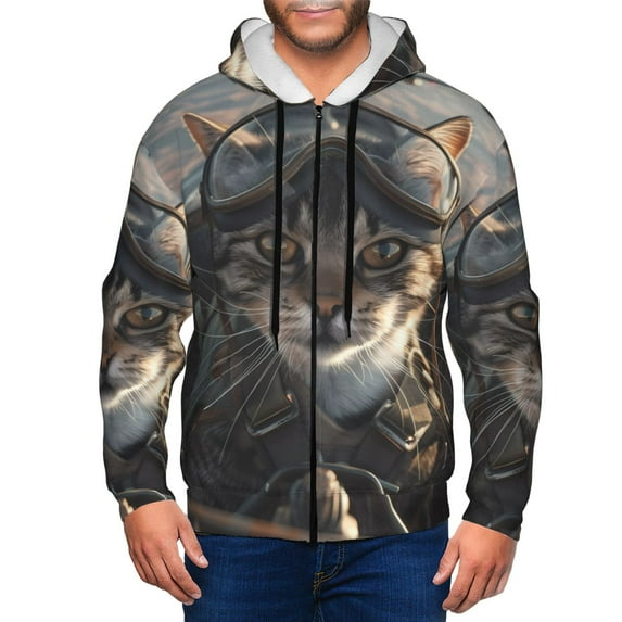 Goofa Pilot Cat In Vintage Plane Pattern Mens Full-zip Hoodie, Zip-up Pullover Hooded Sweatshirt, Kangaroo Pocket Hoodie Ideal for Daily Wear, Travel, and Home-Medium