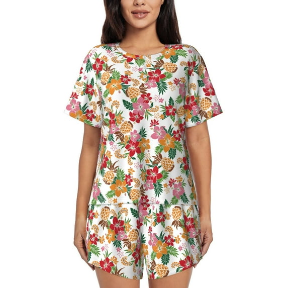 Goofa Pineapple Flower for Womens Cotton 2 Piece Pajamas Set Classic Short Sleeve Pjs Set Soft Button Down Sleepwear Loungewear-3X-Large
