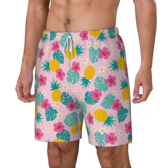 Goofa Pineapple And Leaves Printed Men's Swim Trunks Board Shorts Quick Dry Mens Swimming Trunks with Compression Liner,Breathable Fit Hawaii Beach Shorts-3X-Large