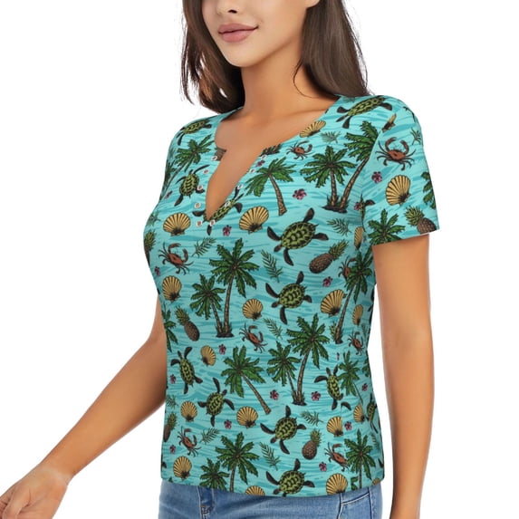 Goofa Pineapple Sea Turtle Pattern Womens Deep V Neck Low Cut Tops Casual Summer Short Sleeve Ribbed Knit T-Shirts-Medium