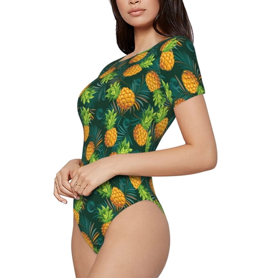 Goofa Pineapples with Palm Leaves Printed Women Rash Guard Short Sleeve,Tummy control Swimsuit Surfing Swimsuit Bathing Suit One Piece Swimsuit UPF 50-X-Large